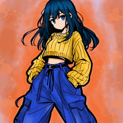 anime teen girl with baggy pants and crop top with sweater