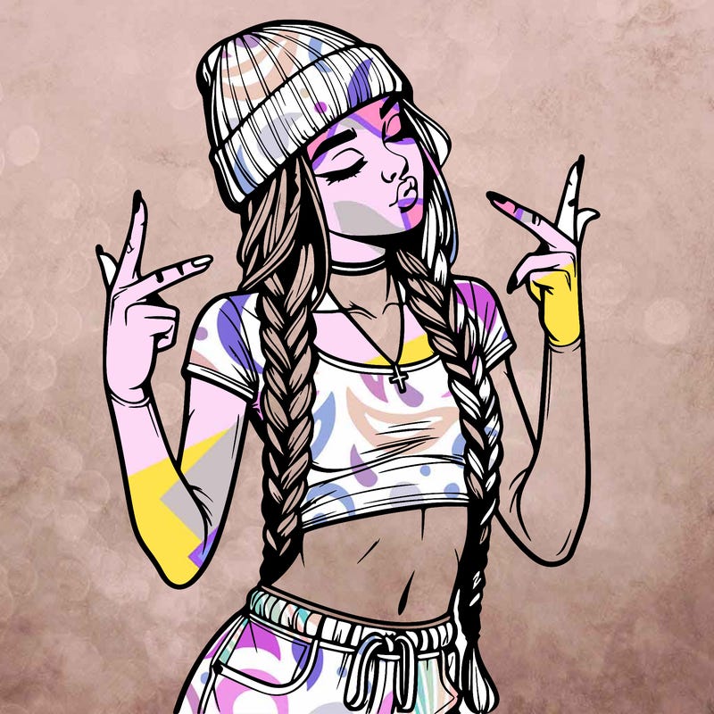 realistic teenage girl with braids and a beanie and crop top doing 🫶🏼