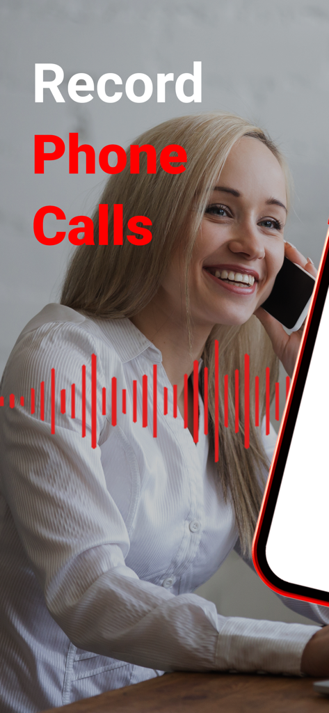 RecordACall - Call Recorder - Eine professionelle Frau telefoniert mit einer Audio-Wellenform und dem Text Record Phone Calls