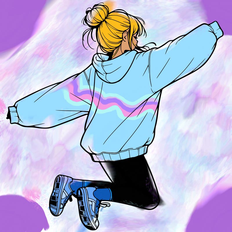 realistic girl jumping with a bun and oversized sweatshirt