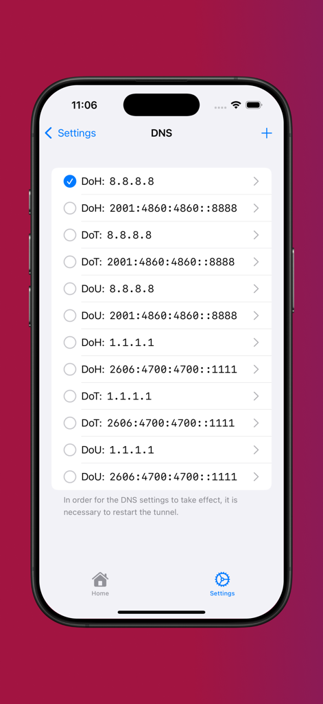 DNS configuration screen in Streisand app showing DoH and DoT options