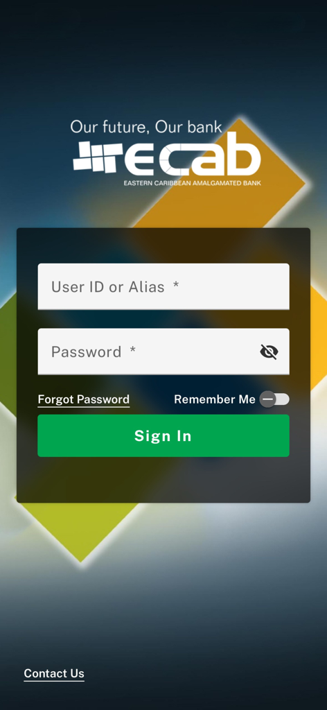 Login screen of the ECAB Mobile banking app featuring fields for user ID and password with a sign in button