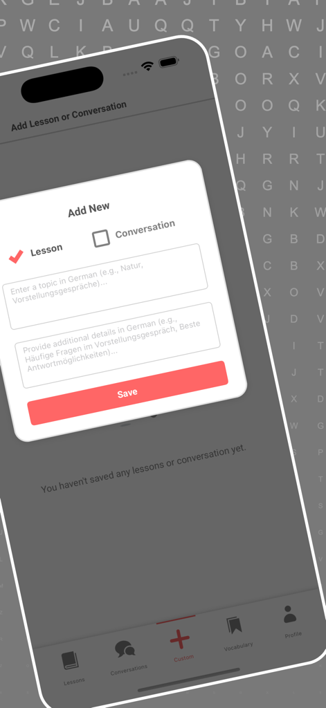 Interface SprechenAI pour créer des leçons et des conversations personnalisées en allemand