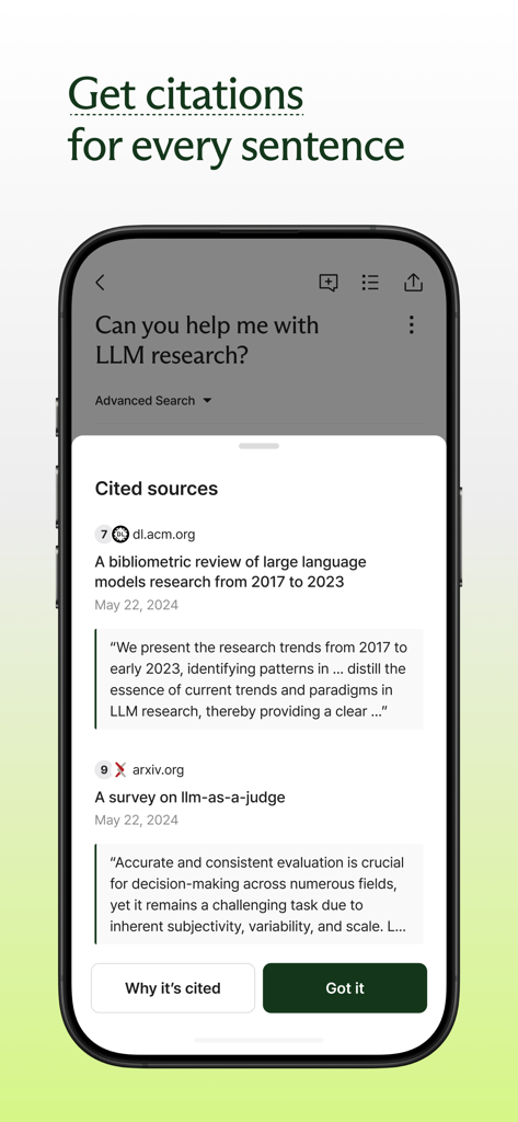 Liner - The Accurate AI search - Screenshot of Liner AI app displaying cited academic sources for a research query
