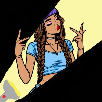 realistic teenage girl with braids and a beanie and crop top doing 🫶🏼