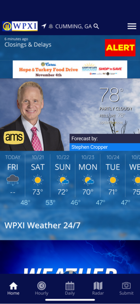 WPXI Severe Weather Team 11 - Home screen of the WPXI Severe Weather Team 11 app displaying the current weather and a five day forecast with meteorologist Stephen Cropper