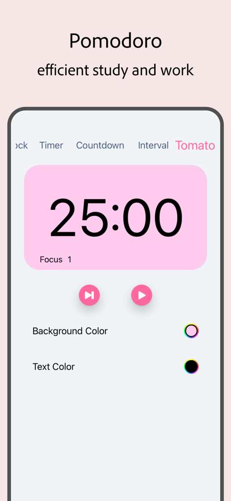 Top Clock - Floating Clock - Top Clock app interface showing a pink Pomodoro timer for efficient study and work
