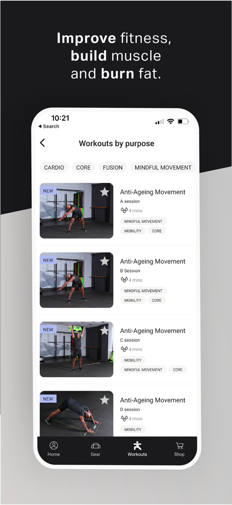 PTP - The PTP app interface displaying a variety of workouts by purpose including cardio, core, and mindful movement sessions for mobility and anti-ageing.