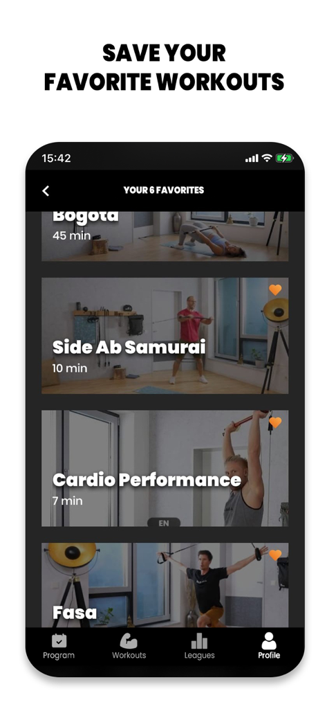 Screenshot of the PAKAMA athletics app showing a list of saved favorite workouts with different exercise routines and durations