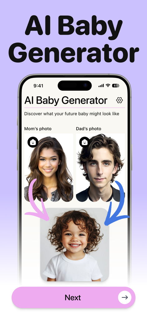 AI Baby Face Generator app screen showing parent photos being merged to predict a future baby