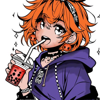 hot baddie anime girl drinking boba and biting the straw
