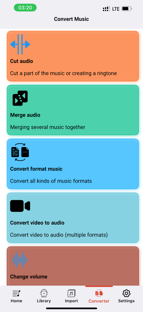 Offline Music Play موزیک پلیر - Interface of the Offline Music Play app showing audio converter tools like cut audio merge audio and video to audio conversion