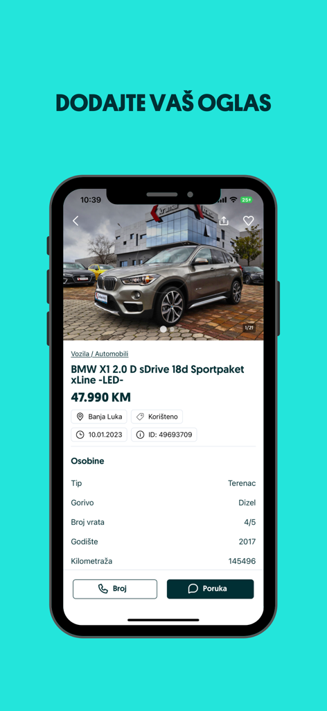 OLX BiH app screenshot displaying a used car advertisement for a BMW X1 in Banja Luka