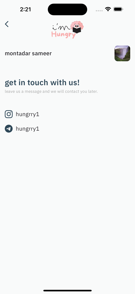 Tela de contato do aplicativo de educação odontológica Im Hungry mostrando identificadores de mídia social para Instagram e Telegram