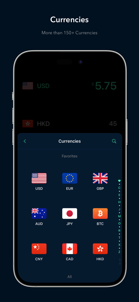 Interfaccia dell'app Currenzy che mostra una griglia di valute globali e Bitcoin per la selezione su un iPhone.