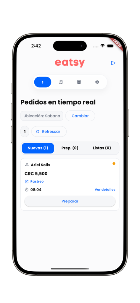 Oberfläche der Eatsy Orders App, die Echtzeit-Auftragsverwaltung für Restaurants zeigt
