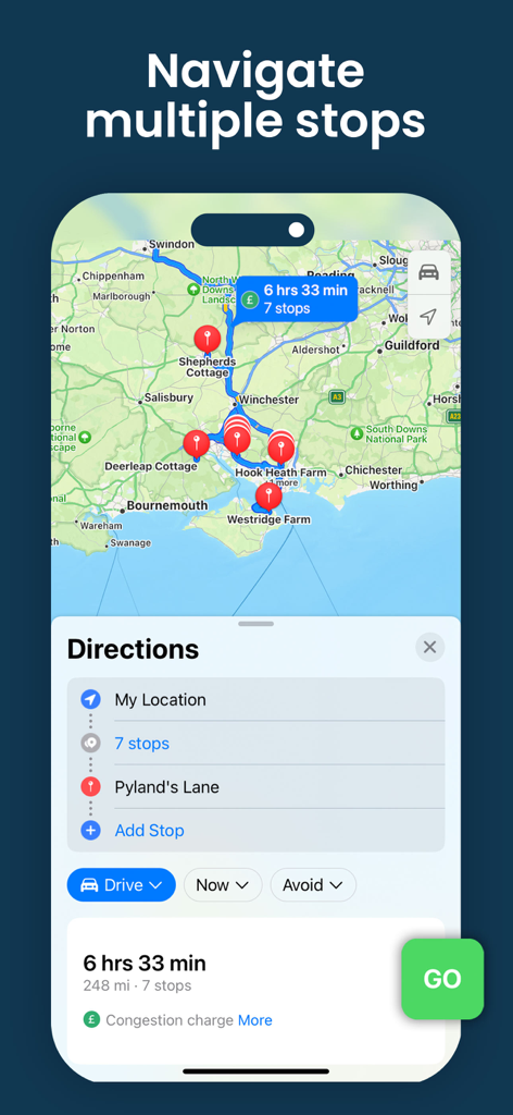 DelM8 UK Address Finder - DelM8 app interface showing a multi stop delivery route on a UK map