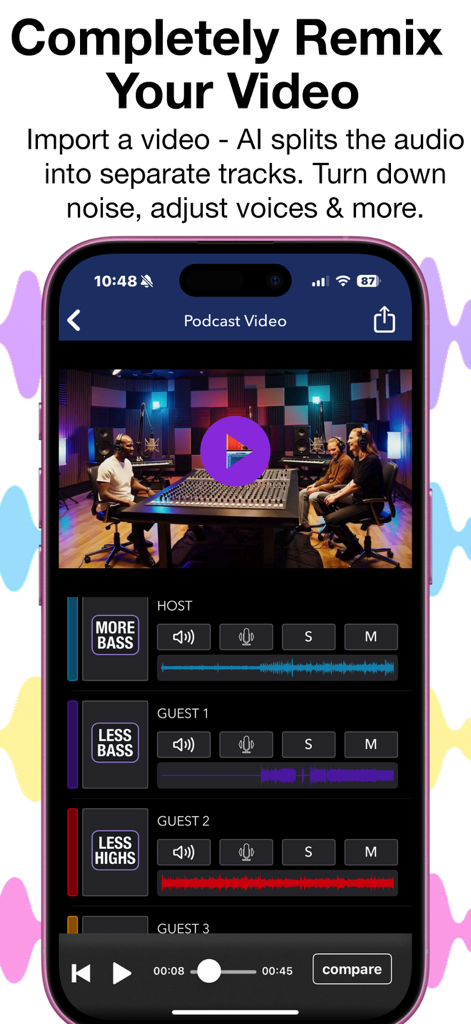 Interfaz de la aplicación mostrando separación de pistas de audio impulsada por IA para un video de podcast