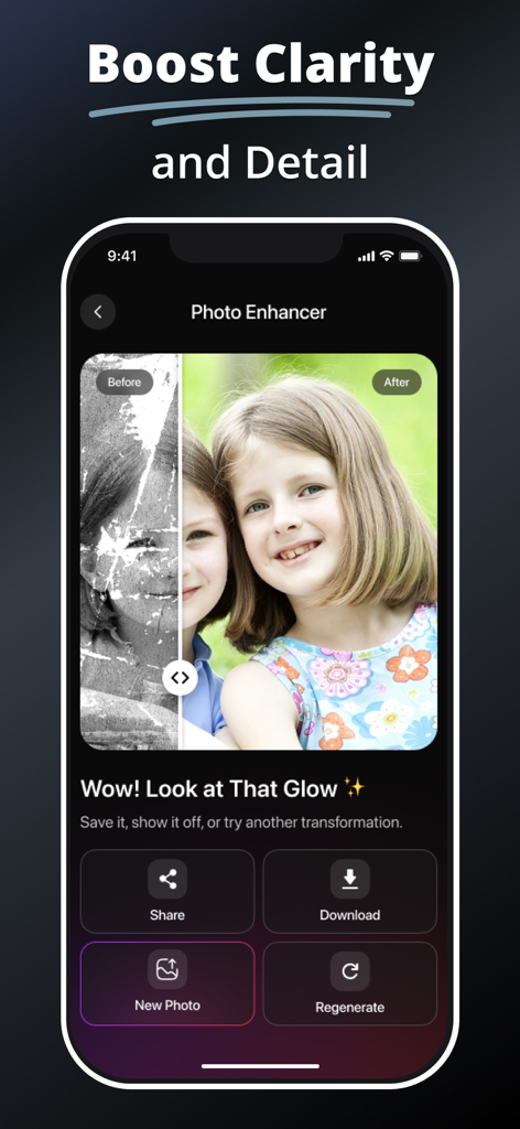 Comparación de antes y después de una foto antigua restaurada usando el Mejorador de Fotos con IA de MePic