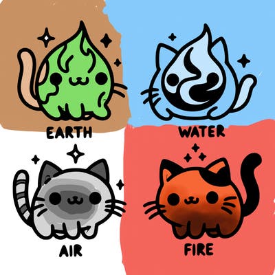 4 cats that represent the different elements, earth, water, air, and fire