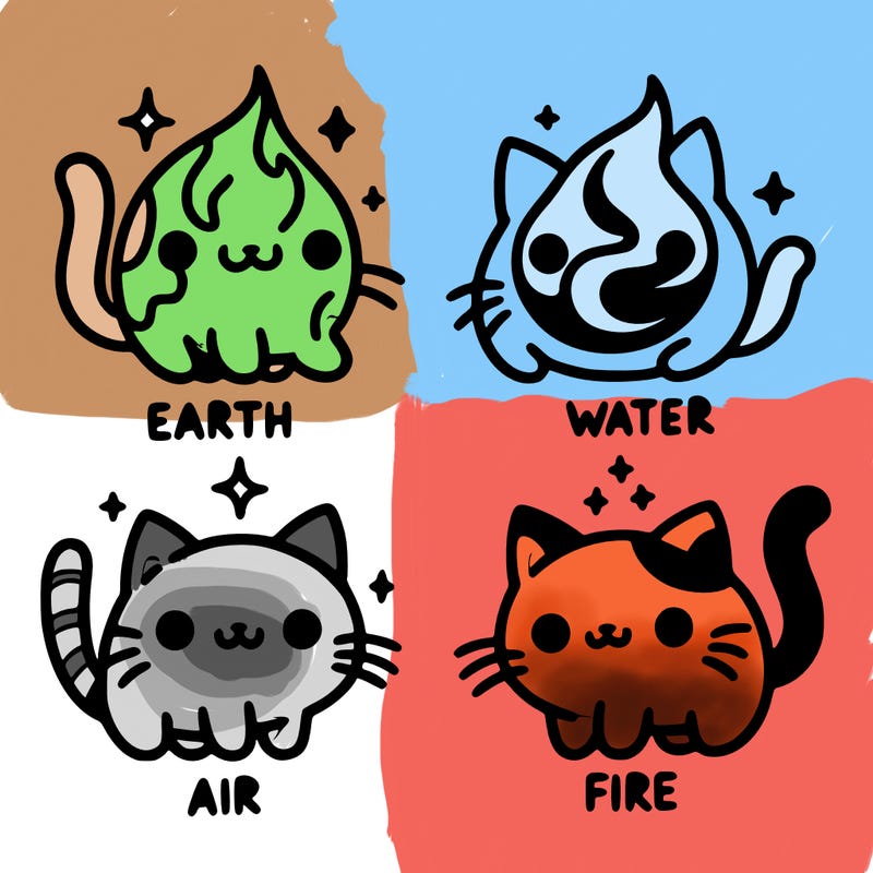 4 cats that represent the different elements, earth, water, air, and fire