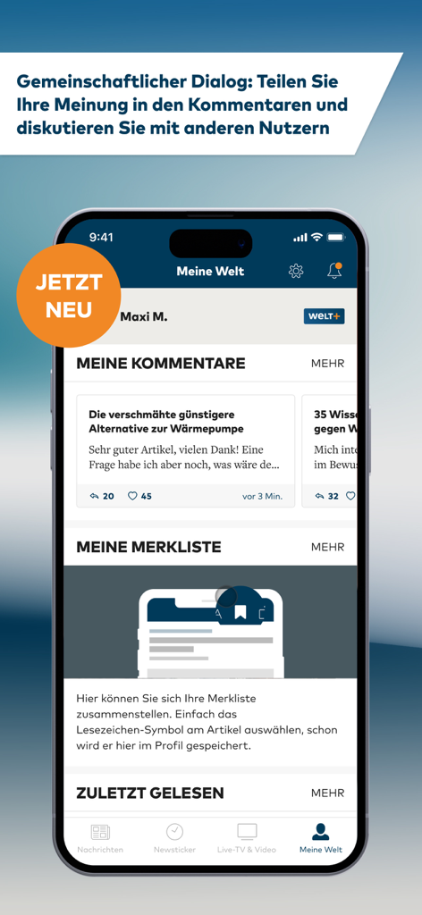 Interfaz de la aplicación WELT News que muestra comentarios de usuarios y una lista de lectura personalizada