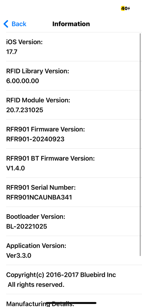 RFR901 APP - Écran d'informations techniques pour l'application RFR901 montrant les versions du système et les numéros de série