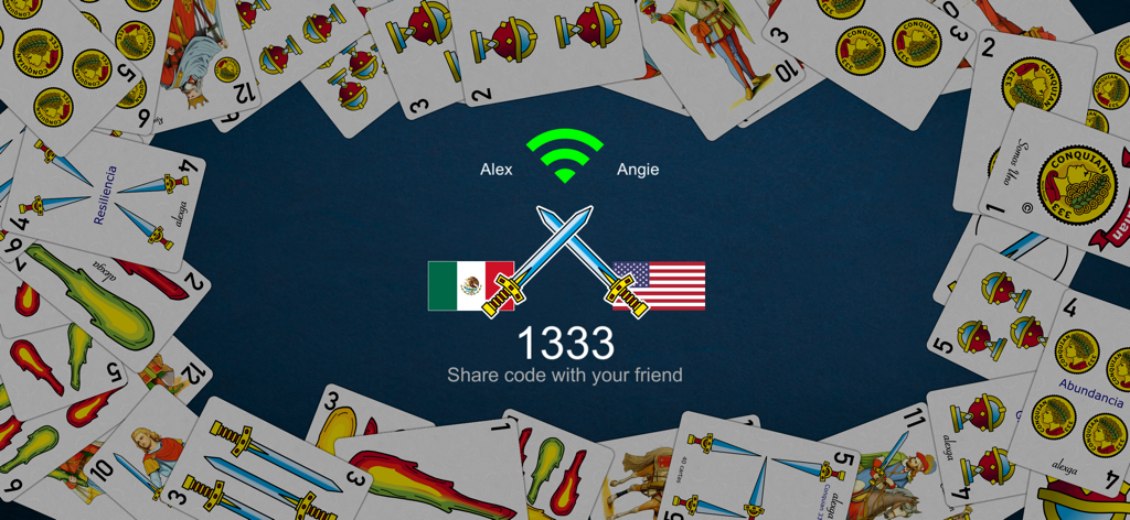 Conquian 333+ multiplayer setup screen featuring Mexican and US flags and a game invite code