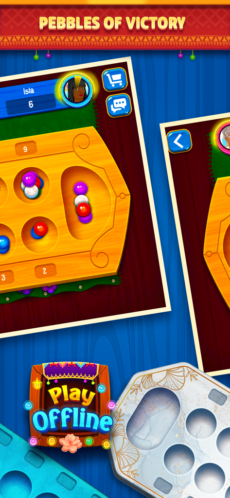 Mancala Online game screen showing colorful pebbles on a wooden board with a Play Offline button