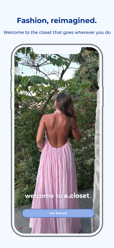 E Closet app welcome screen featuring a student wearing a stylish pink dress and a get started button