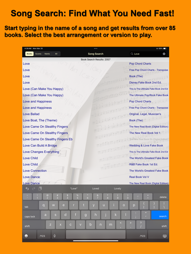 iGigBook Sheet Music Manager - iGigBook app showing song search results from multiple digital fake books on an iPad.