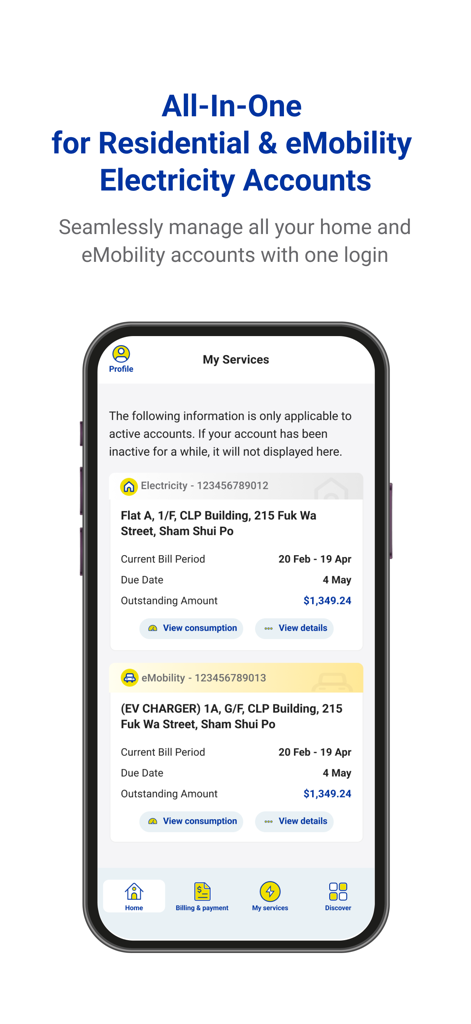 CLP HK - Benutzeroberfläche der mobilen CLP HK App mit Details zu Wohnstrom- und eMobility-Konten