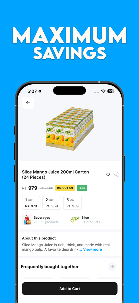 Mobile screen of Bazaar app showing bulk pricing and discounts for a carton of mango juice
