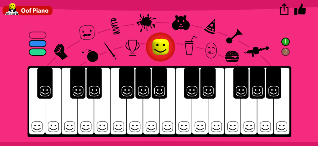 Interfaz de la aplicación Oof Piano para Roblox con fondo rosa y teclado musical con teclas de carácter sonriente