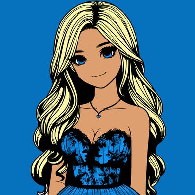 realistic girl with long hair and pretty prom dress