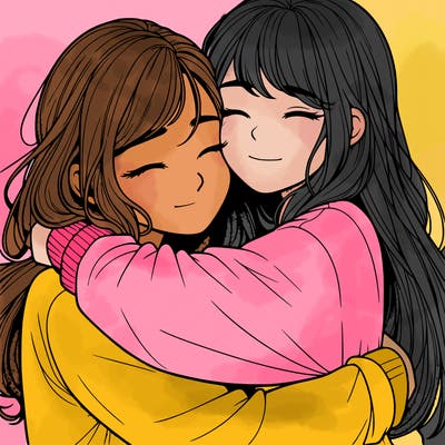 realistic two girls hugging