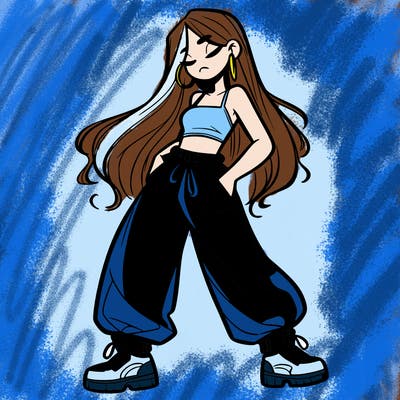 girl in baggy pants crop top and long hair