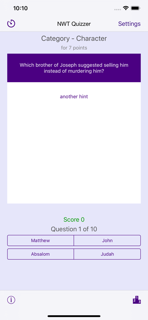 NWT Quizzer - A Bible trivia question on the NWT Quizzer app asking about Joseph's brother with multiple choice answers.