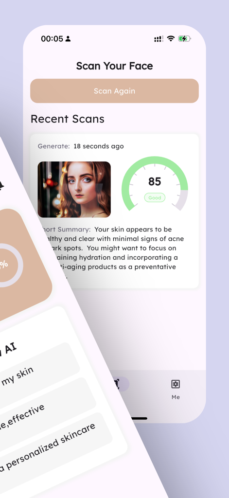 Glow AI:Face Care Routine - Interfaz de la aplicación móvil que muestra los resultados del análisis de la piel con IA con una puntuación de salud y un resumen personalizado.