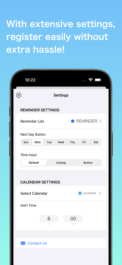 Quick Add Reminders & Calendar - Settings screen of the Quick Add Reminders and Calendar app showing reminder and calendar configuration options.