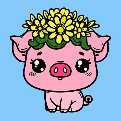 cute pig with flower crown on