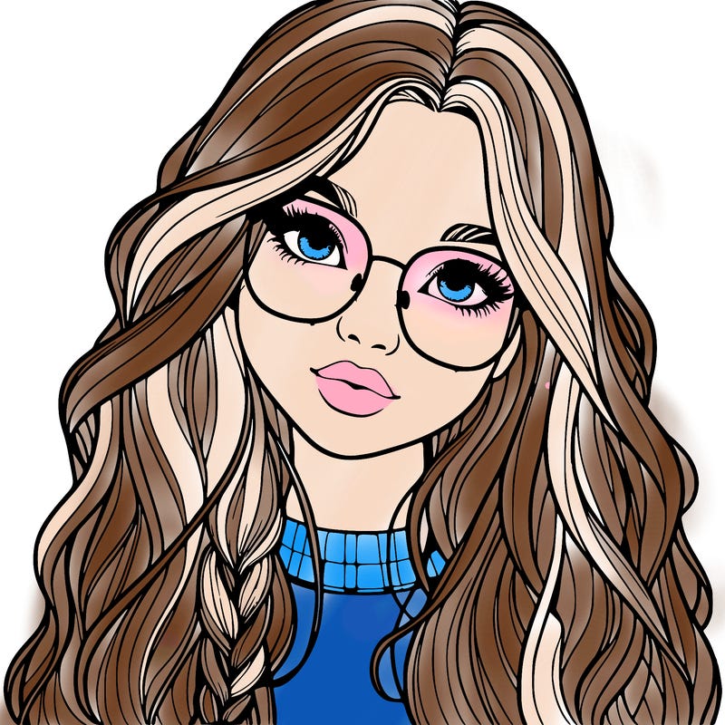 girl with long hair and freckles and glasses realistic