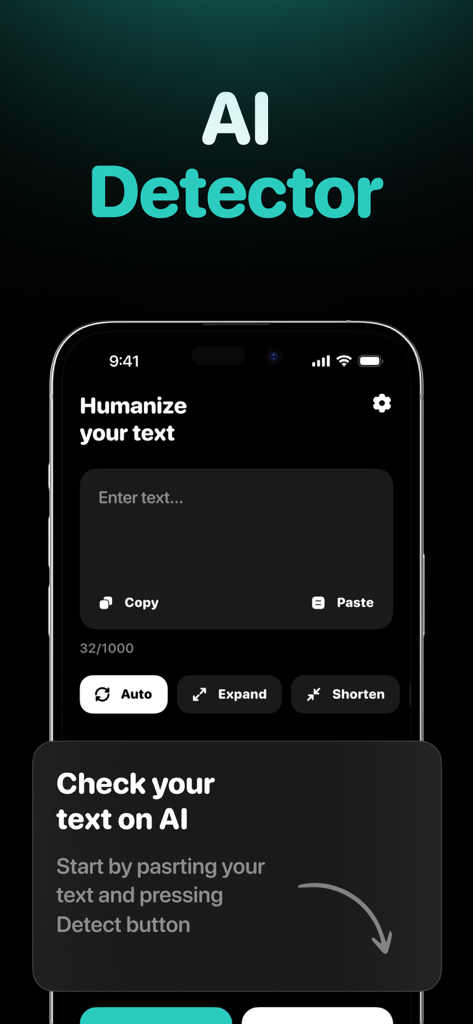 AI Detector & Checker - Detour - Detour AI検出アプリのインターフェース。人間化テキスト機能とAIチェッカーツールを表示。