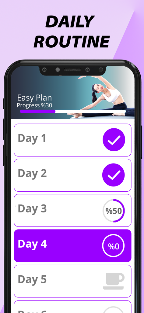 Home Workout-Fitness for Women - Mobile app screen displaying a daily workout routine plan with progress tracking for women