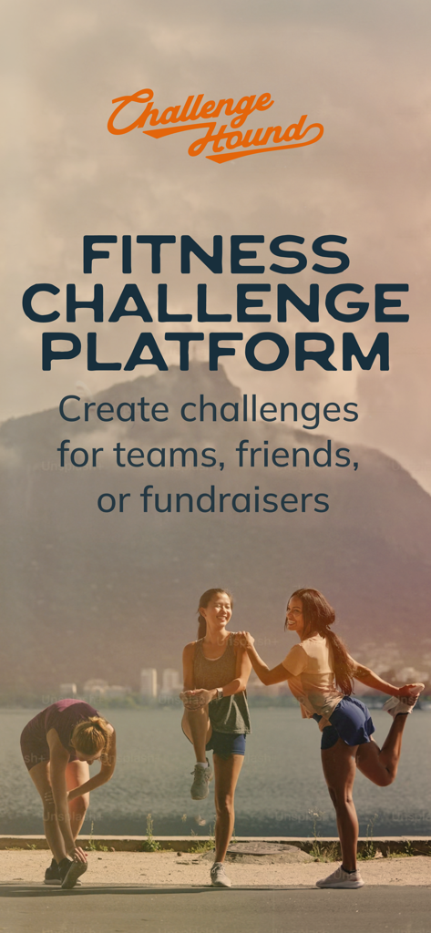 Challenge Hound - Challenge Hound app intro screen with three women stretching outdoors and text describing it as a fitness challenge platform for teams and friends