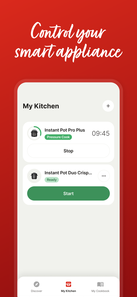 Instant Connect ™ - La interfaz de la aplicación Instant Connect muestra el panel My Kitchen para iniciar y detener electrodomésticos de cocina inteligentes como el Instant Pot Pro Plus de forma remota.