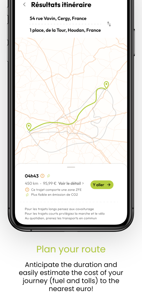 Bip and Go mobile app screen showing a planned driving route in France with estimated travel time and total costs for fuel and tolls