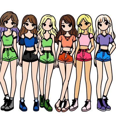 a group of girls wearing crop tops and shorts