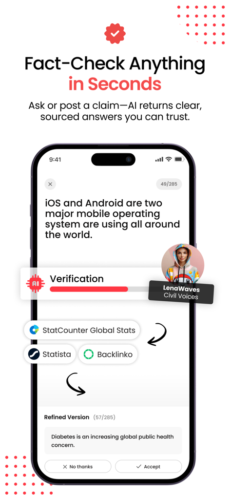 fseek - fseek app interface showing an AI verification process for fact checking claims with credible sources.