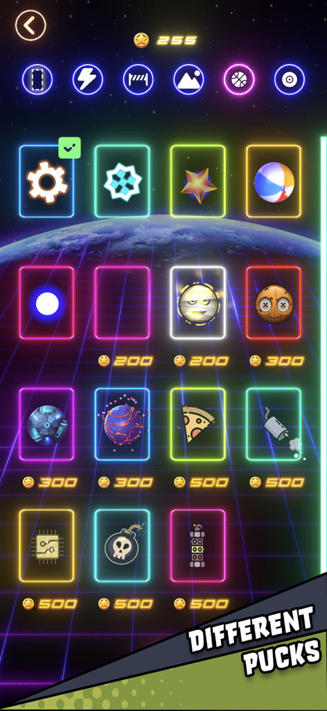 Air Hockey Glow HD Arcade 2D - Selection screen for different puck skins in Air Hockey Glow HD arcade game